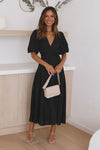 Ophelia | Women's V-Neck Midi Dress with Puff Sleeves and Smocked Waist